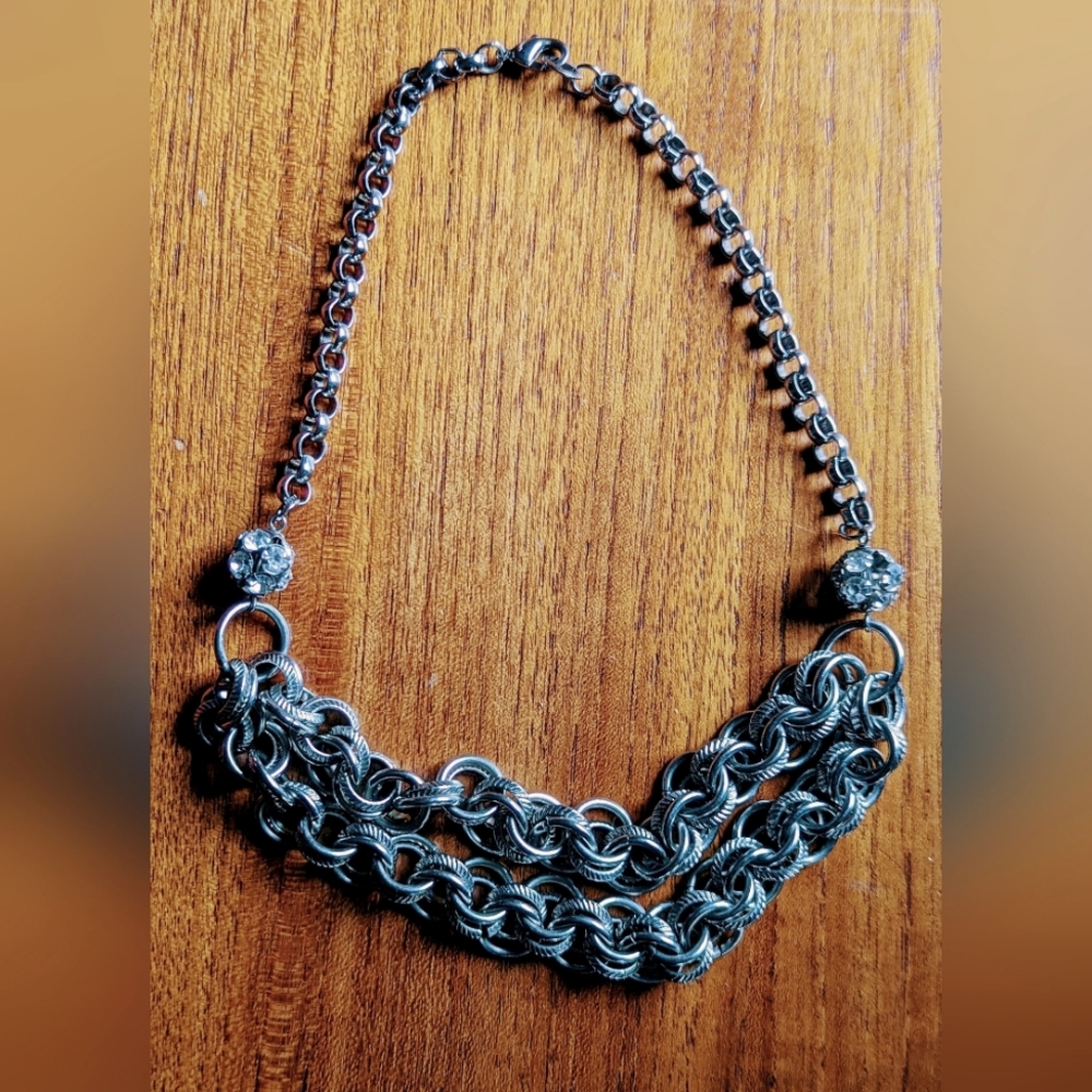 Silver heavy dual strand with baubles necklace